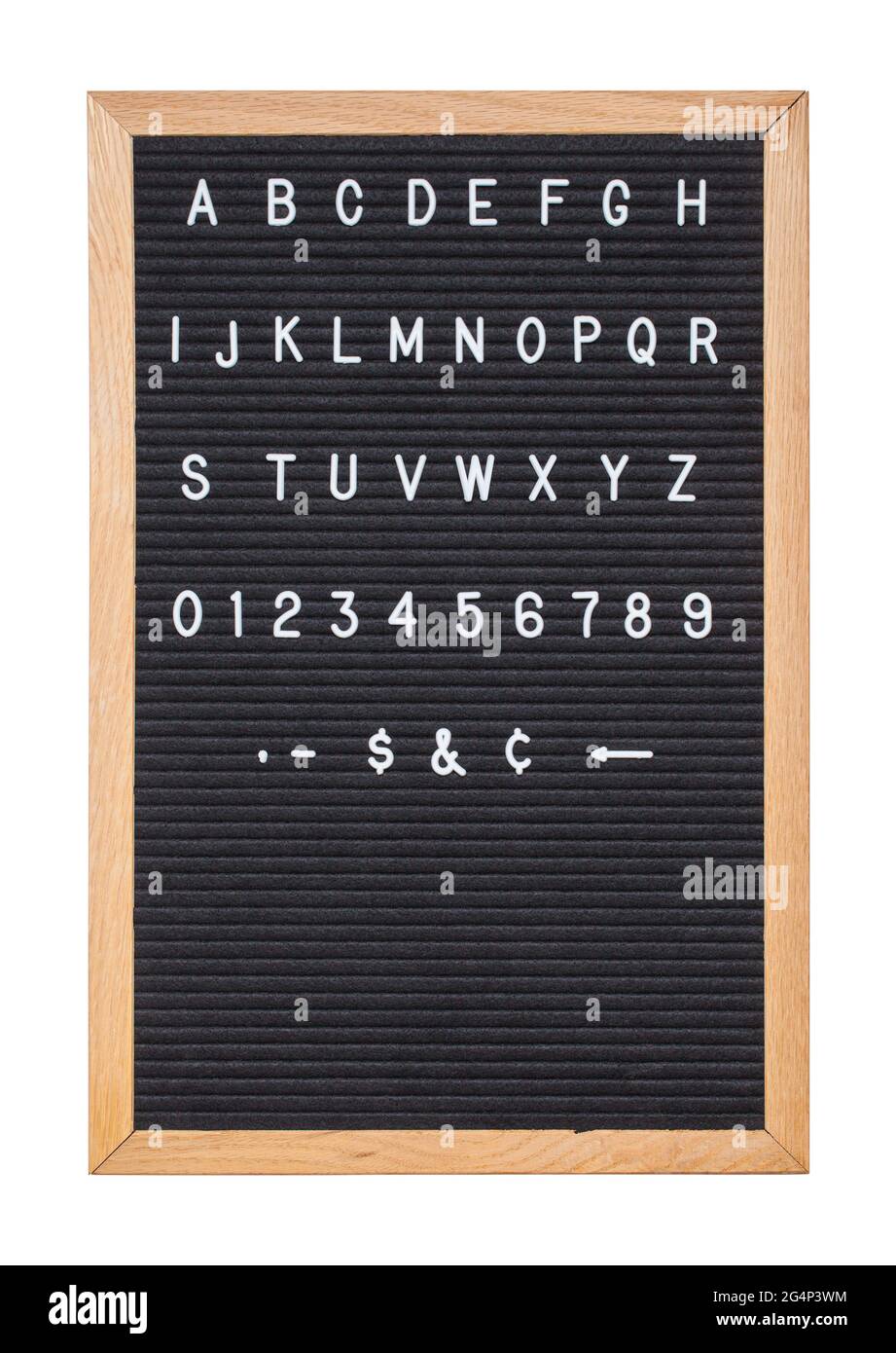 Tabla de letras con letra cortada sobre fondo blanco. Foto de stock