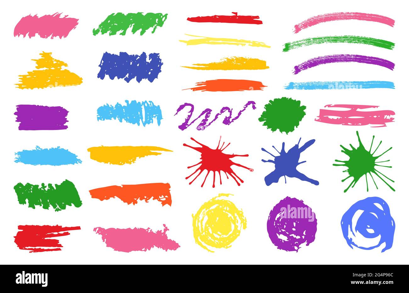 Manchas brillantes multicolor, manchas, rayas, líneas, trazos de pincel para  decorar y decorar libros para niños y páginas para colorear. Estilo  vectorial hecho a mano. Adecuado para etiquetas de precio y texto.