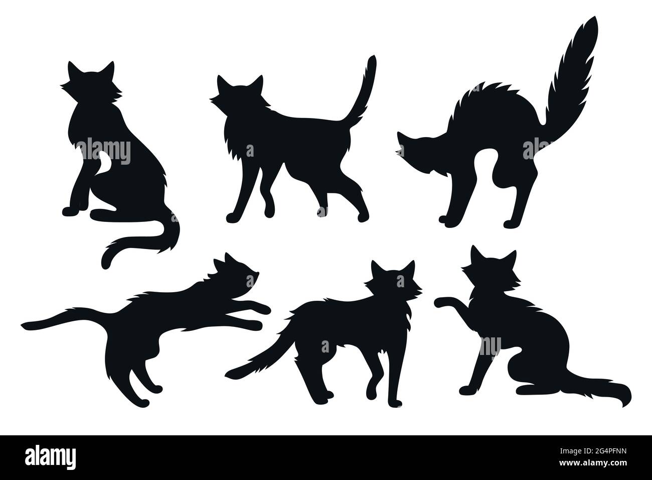 Conjunto de silueta negra de terror para Halloween con diseño de gato.  Gatito fino creepy, lindo o asustadizo malvado, colección de dibujos  animados gatos viejos. Divertido diseño de gatito de mascotas. Ilustración