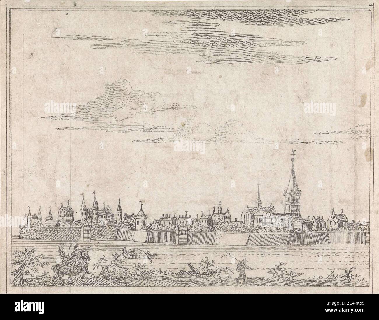 . Vista de la ciudad de Wageningen con la izquierda en el primer plano dos jinetes. Foto de stock