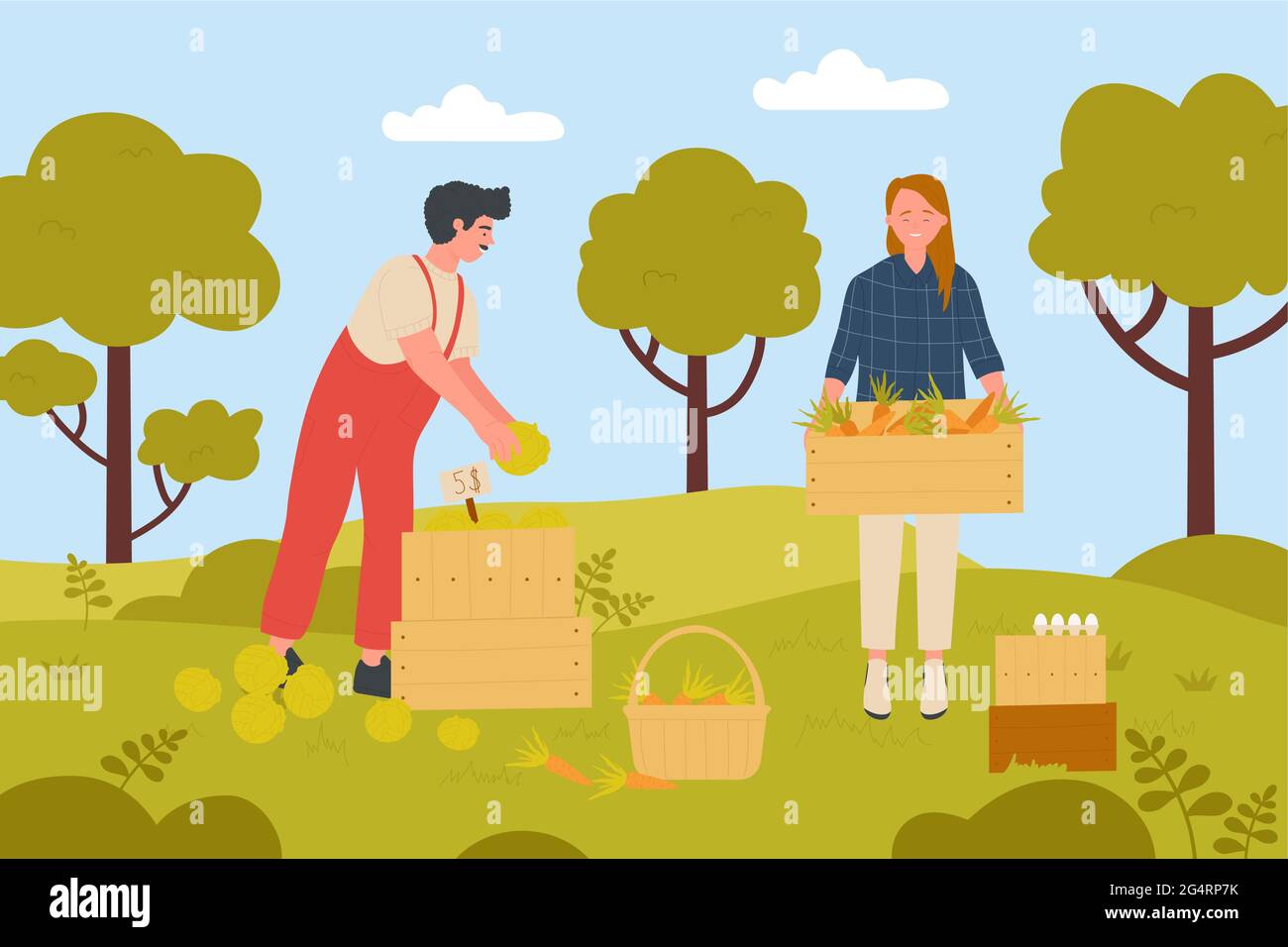 Los agricultores cosechan verduras en la ilustración de vectores de huertos  agrícolas. Dibujos animados feliz mujer jardinero sosteniendo una cesta de  madera llena de verduras de zanahoria, hombre de pie con el