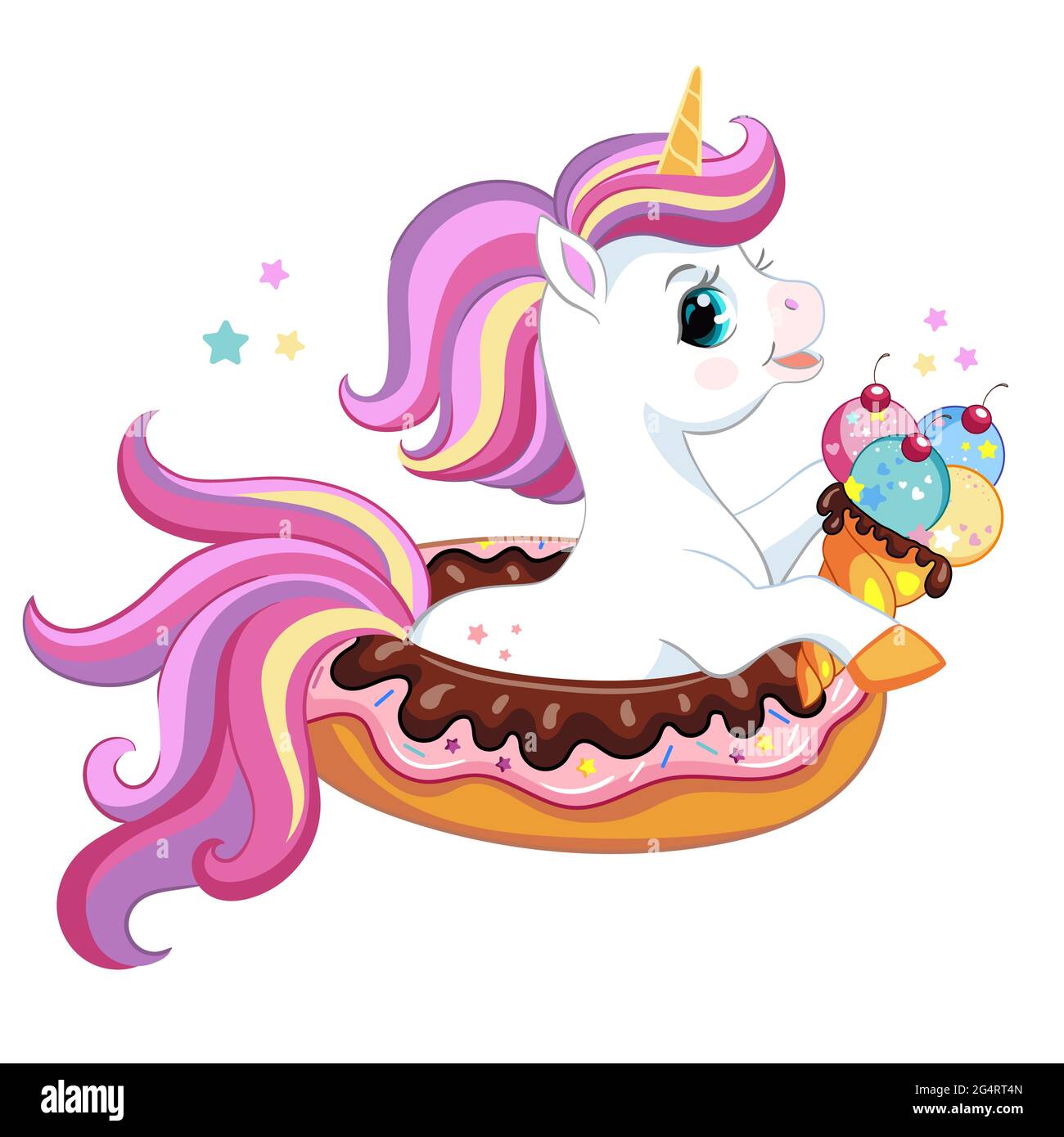 Lindo unicornio de dibujos animados con helado sentado en donut.  Ilustración de carácter unicornio aislado vectorial. Para póster,  estampado, diseño de vivero, tarjeta, pegatina Imagen Vector de stock -  Alamy