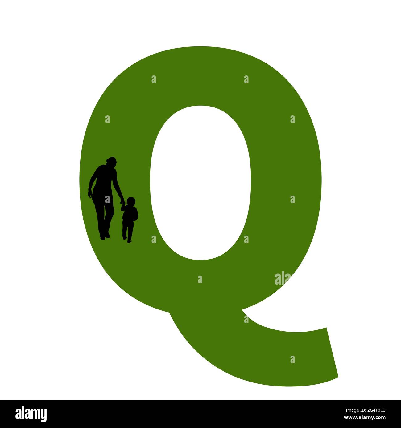 Letra Q del alfabeto hecha con la silueta de una madre y un niño caminando, en verde y negro Foto de stock