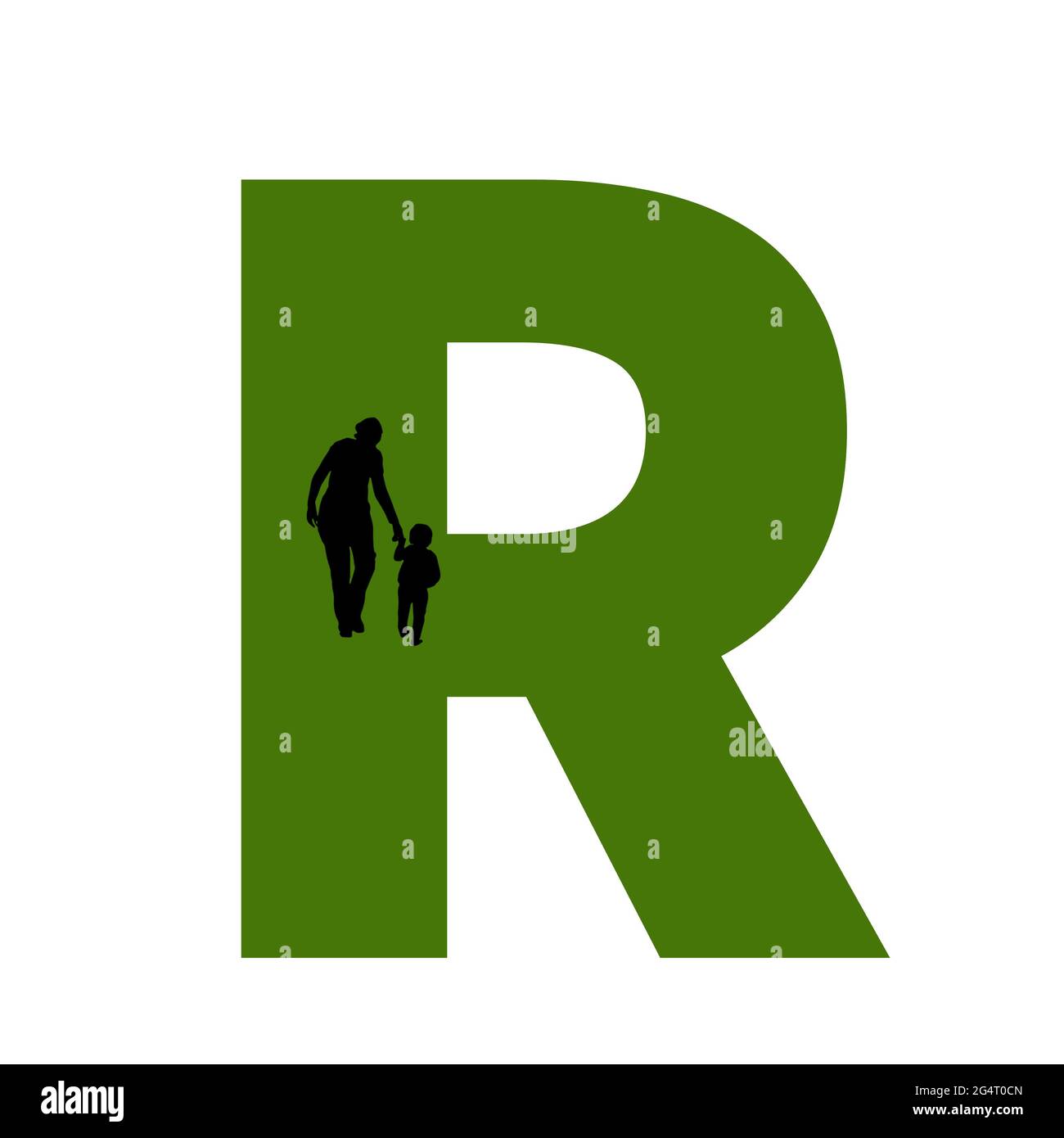 Letra R del alfabeto hecha con la silueta de una madre y un niño caminando, en verde y negro Foto de stock