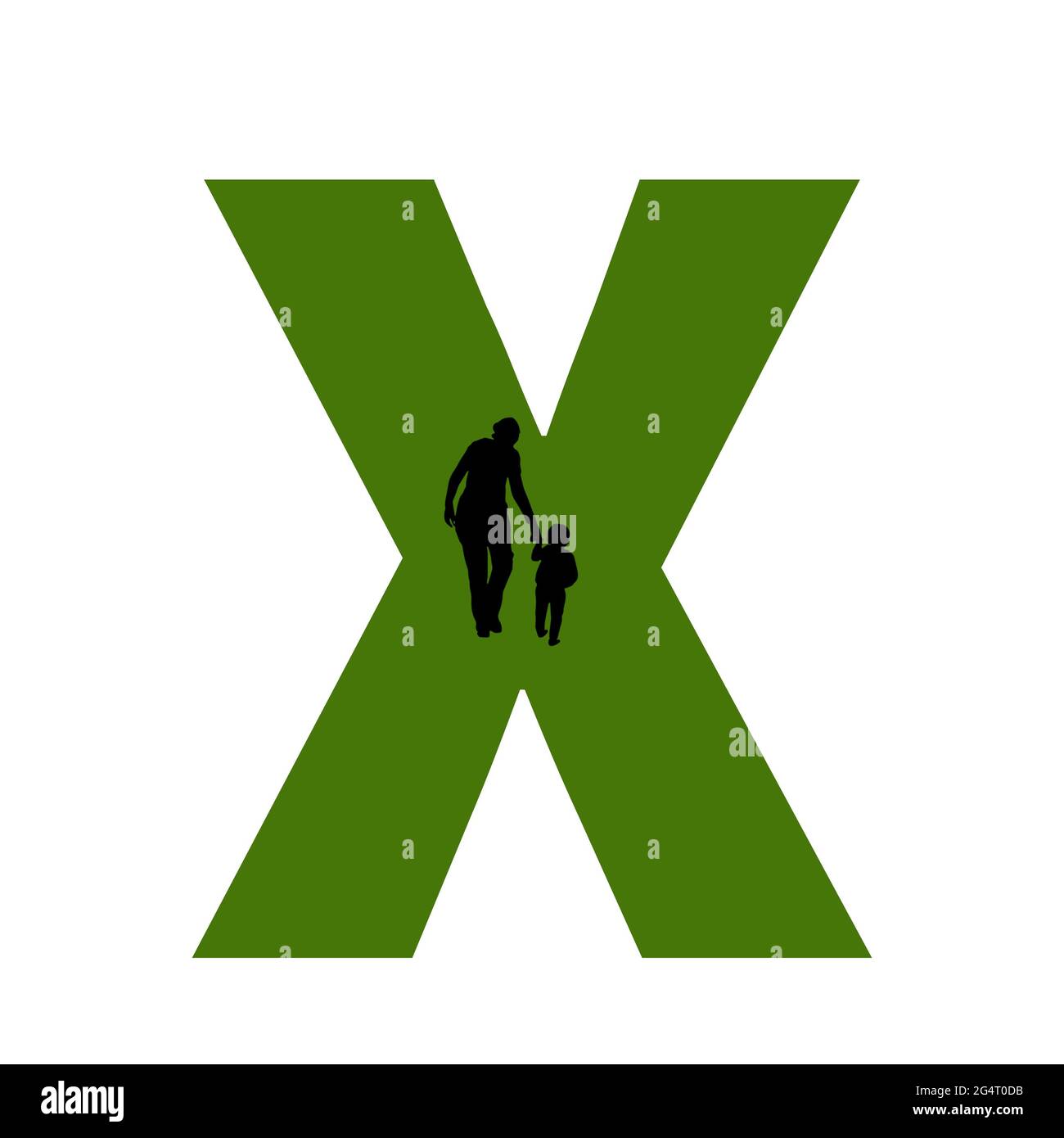 Letra X del alfabeto hecha con la silueta de una madre y un niño caminando, en verde y negro Foto de stock