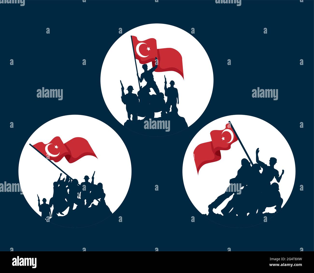 zafer bayrami soldados con bandera turca icono conjunto Ilustración del Vector