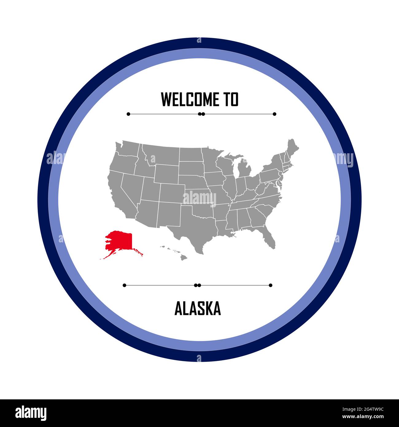 Alaska, Nombre de ciudad en Estados Unidos de América, Alaska, en forma de círculo Foto de stock