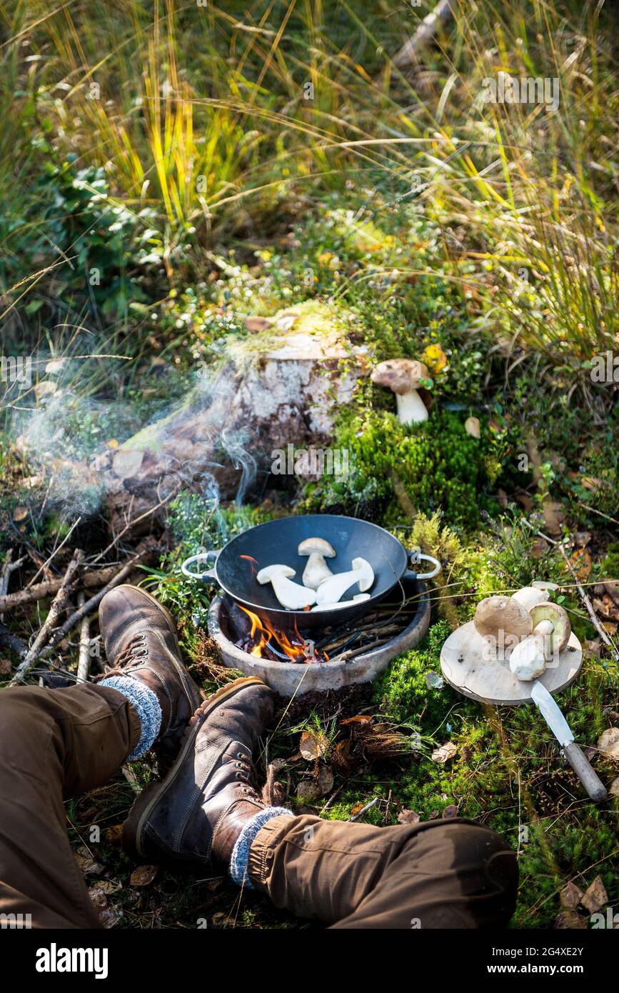 Perspectiva personal del hombre cocinando setas en una pequeña fogata situada en el suelo del bosque Foto de stock