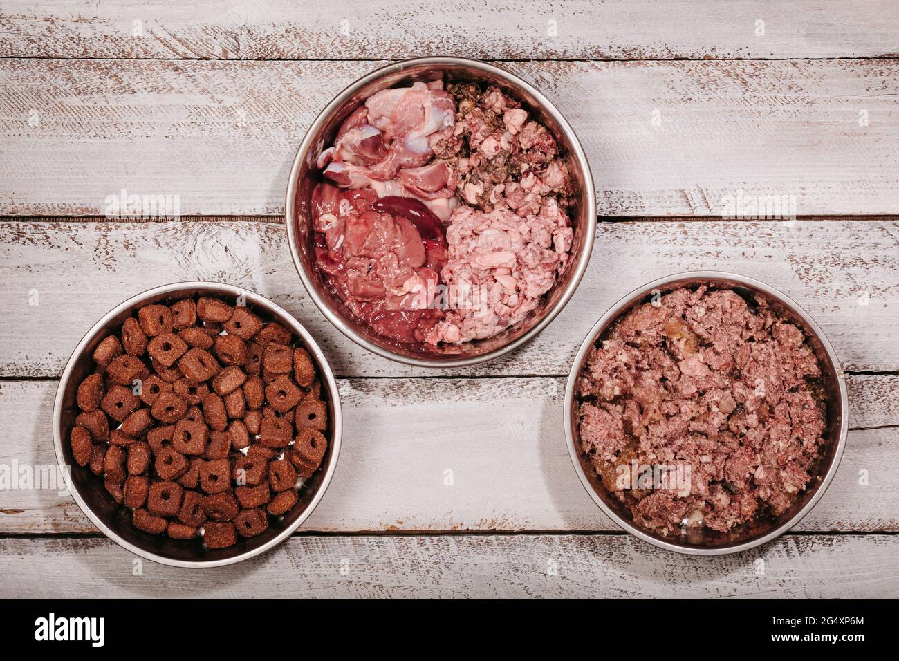 Elección entre BARF (alimento crudo biológicamente apropiado), alimentos enlatados preparados y pellets de alimentos secos para la dieta de perros Foto de stock