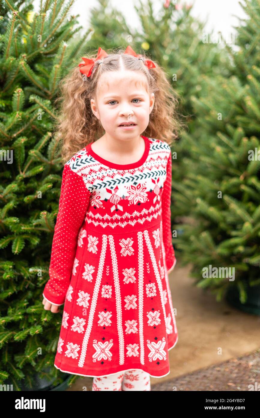 Niña vestido rojo en la granja árboles de Navidad Fotografía de - Alamy