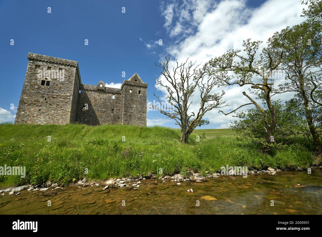 Castillo Hermitage Un castillo semi-arruinado en la región fronteriza de Escocia. Está bajo el cuidado de la Escocia histórica. El castillo tiene una reputación, bot Foto de stock