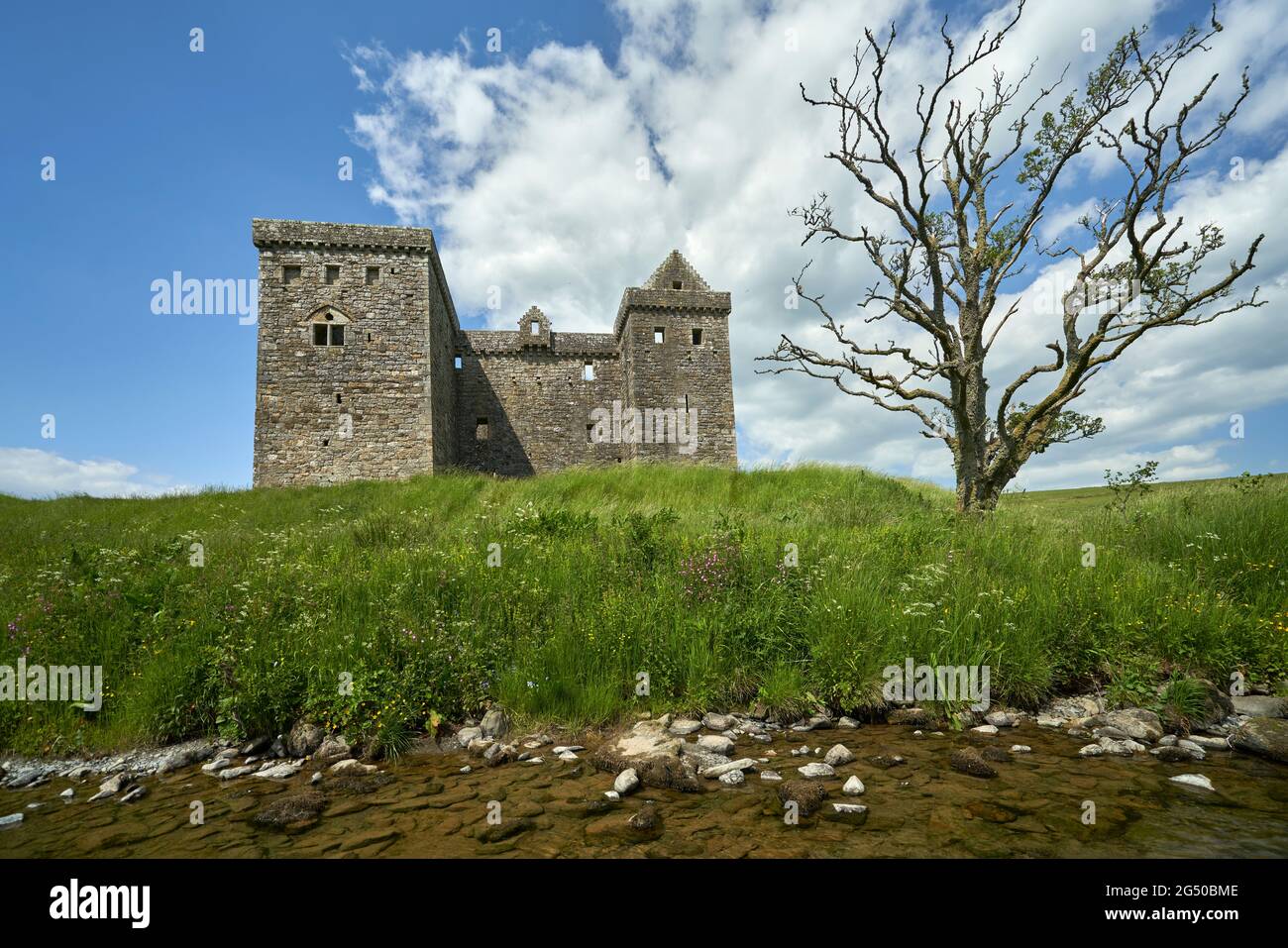 Castillo Hermitage Un castillo semi-arruinado en la región fronteriza de Escocia. Está bajo el cuidado de la Escocia histórica. El castillo tiene una reputación, bot Foto de stock