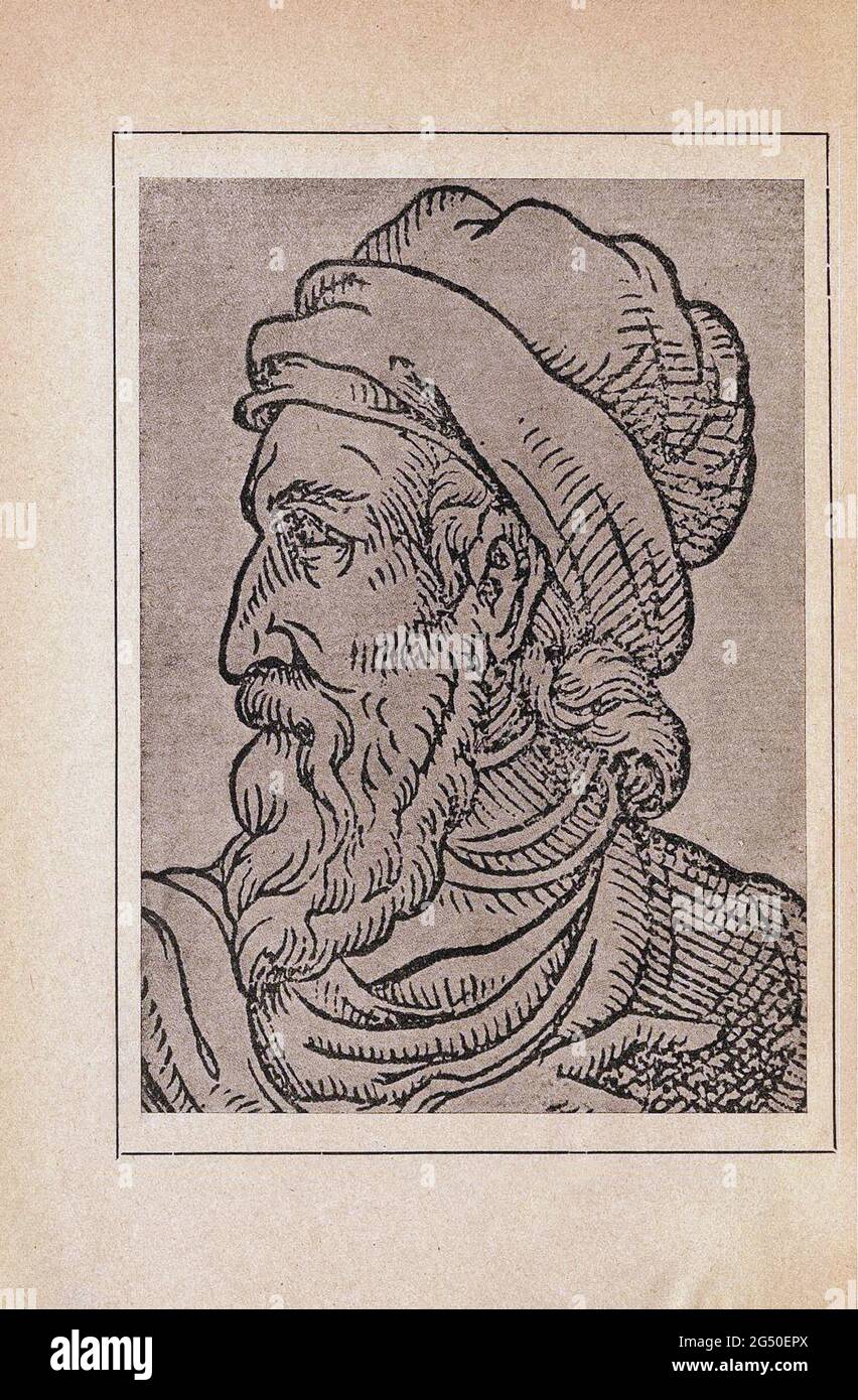 Grabado de Johannes Gutenberg. Johannes Gensfleisch zur Laden zum Gutenberg (c. 1400 – 3 de febrero de 1468) fue un orfebre alemán, inventor, impresor, Foto de stock