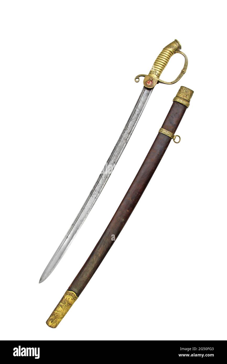 Espada dorada rusa de época (sable, sable) para la valentía. Espada de San Gerorge (Espada de Oro) con vaina. Sable oficial ruso de dragones (modelo de 1881). Foto de stock