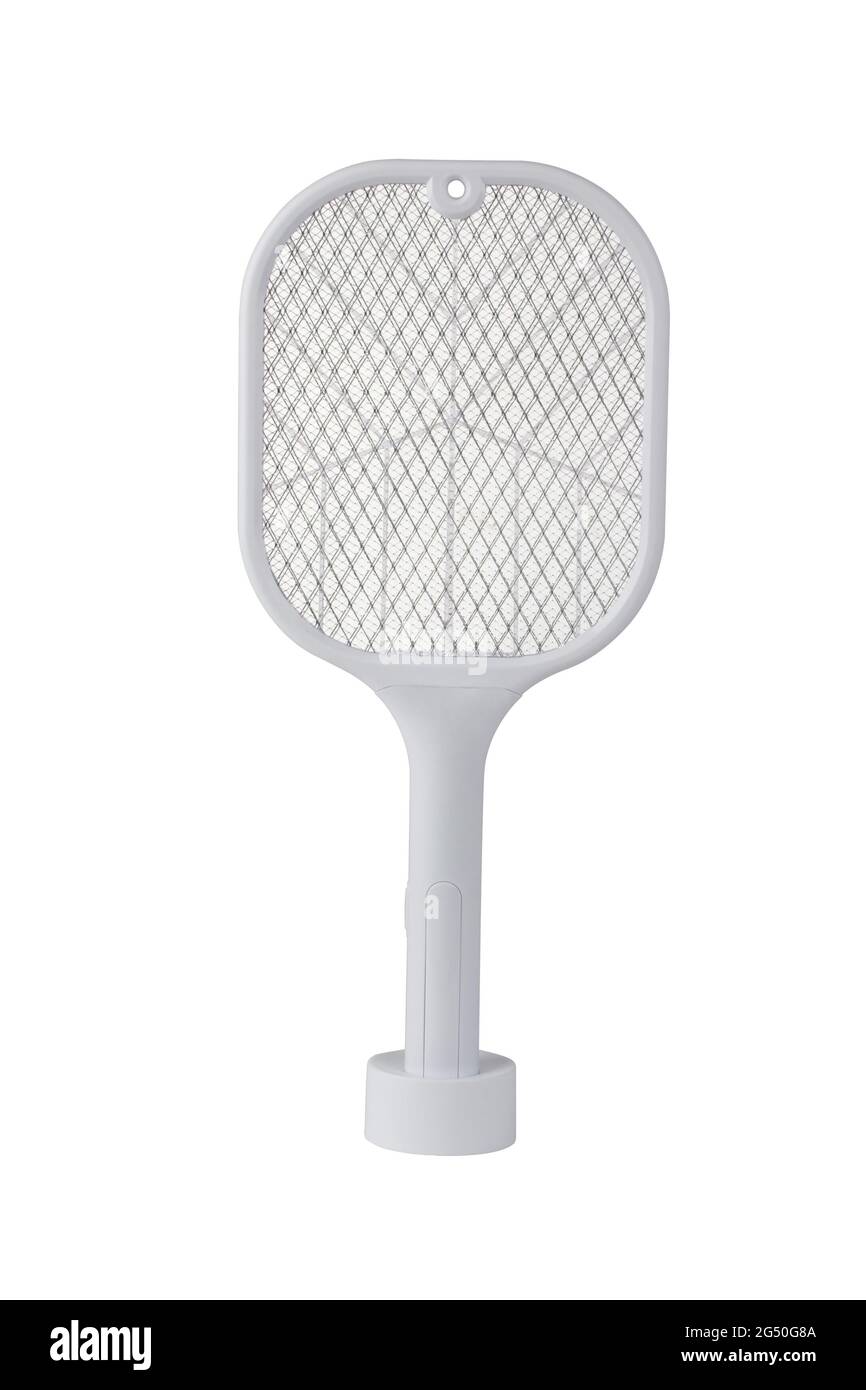 Forma de raqueta eléctrica de mosquito asesino aislada sobre fondo blanco Foto de stock