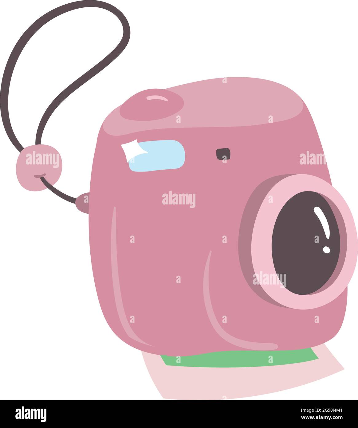 Bonita cámara Polaroid en color rosa con impresión instantánea de imágenes desde la parte inferior. Accesorios de viaje para mochileros. Arte vectorial para viajes esenciales. Ilustración del Vector