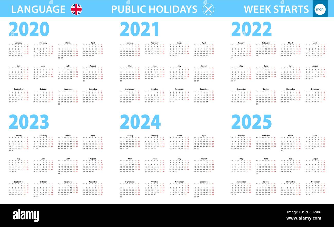 Calendario en inglés para los años 2020, 2021, 2022, 2023, 2024, 2025