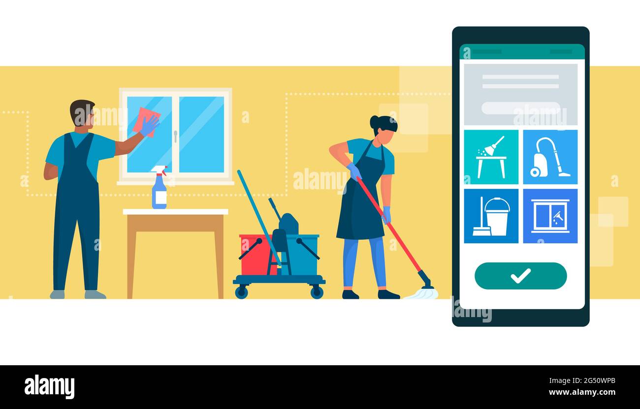 Servicio de limpieza de libros en línea: Limpiadores profesionales de trabajo y aplicación móvil con servicios Ilustración del Vector