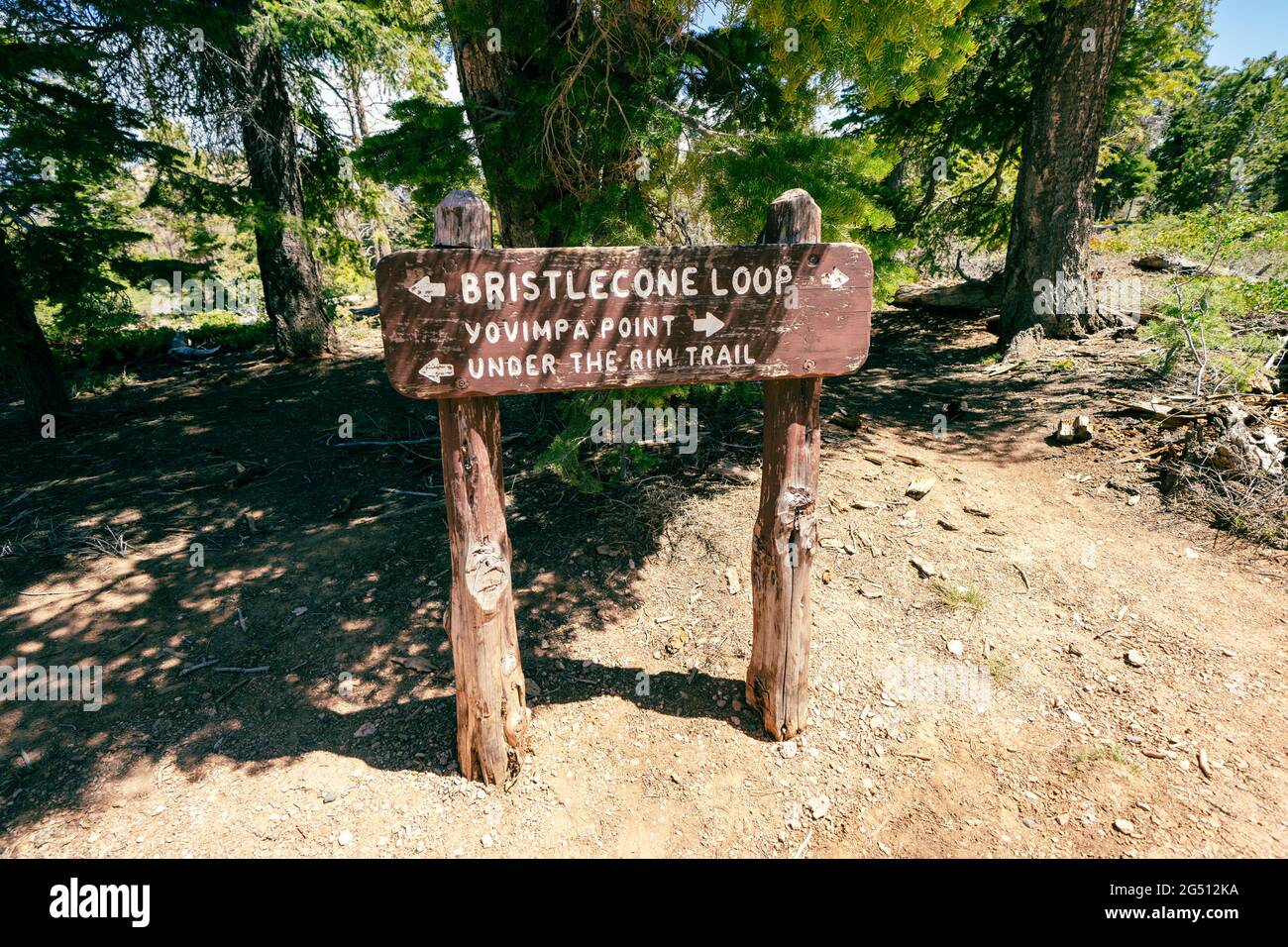 Señal de dirección del sendero en el Parque Nacional del Cañón Bryce - Bristlecone Loop y Yovimpa Point direcciones para los excursionistas Foto de stock