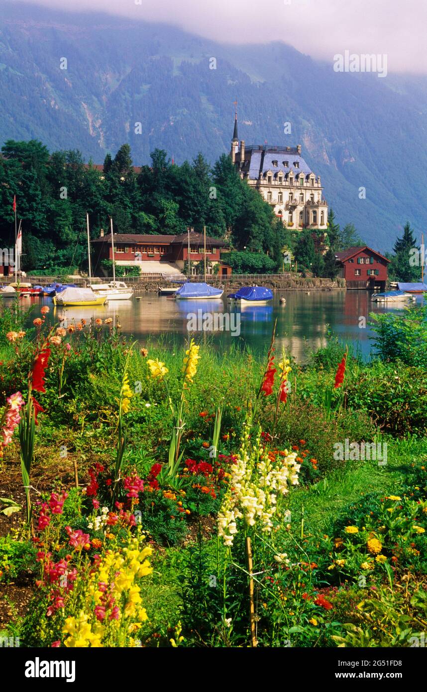 Pueblo de Iseltwald y Lago Brienz, Oberland bernés, Suiza Foto de stock