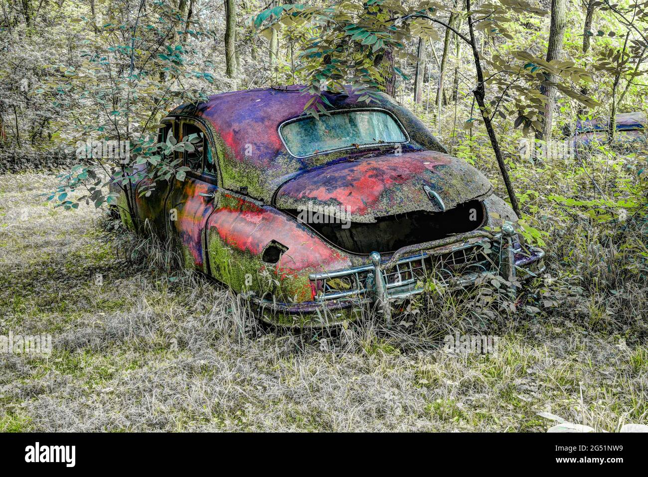 Viejo coche oxidado abandonado en el bosque Foto de stock