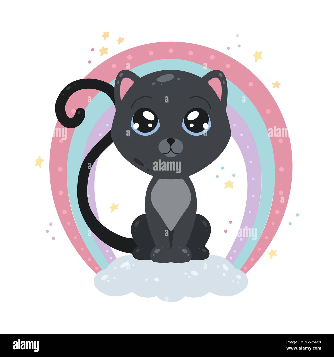 Bonita ilustración infantil de un gato negro en una nube con un arco iris y  estrellas. Foto plana de un gatito para postales. Dulces Sueños. Vector  animalisti Imagen Vector de stock -