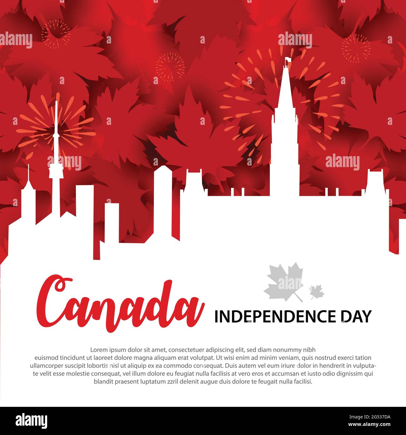 El cartel de los medios sociales del día de la independencia de Canadá ilustra sobre el fondo de la ciudad de Canadá y hojas de arce rojo, galletas saladas. Letras caligráficas o Ilustración del Vector