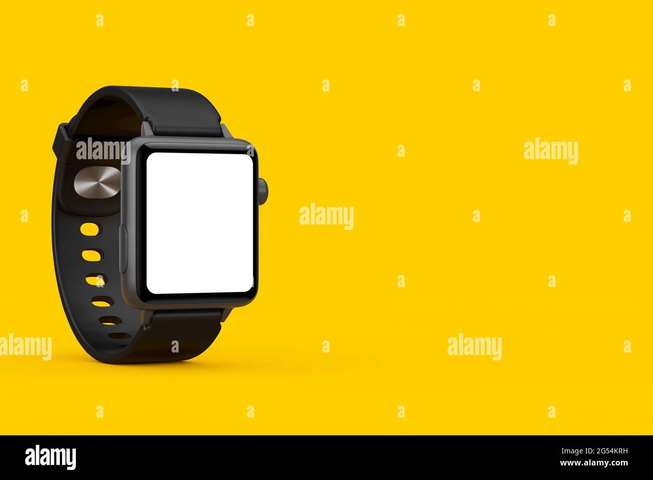 Reloj inteligente moderno negro Mockup con Starp y pantalla en blanco para  su diseño sobre un fondo amarillo. 3D Representación Fotografía de stock -  Alamy