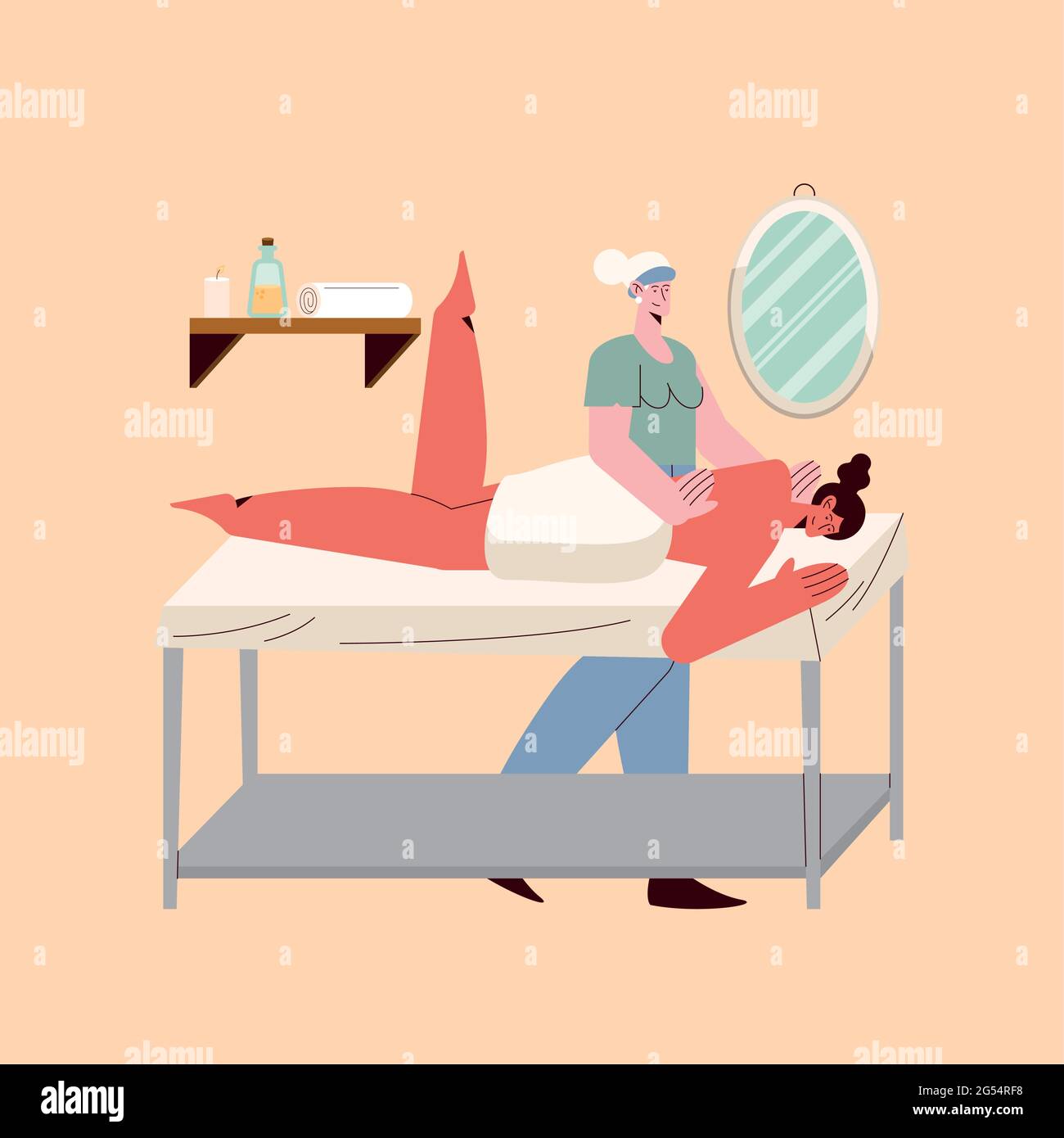 caricatura de terapeuta y mujer con toalla en la cama de masaje Ilustración del Vector