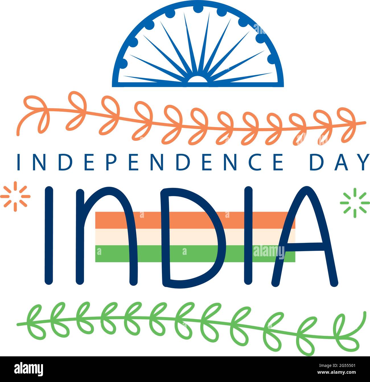 India día de la independencia con el chakra ashoka y hojas sobre fondo blanco Ilustración del Vector