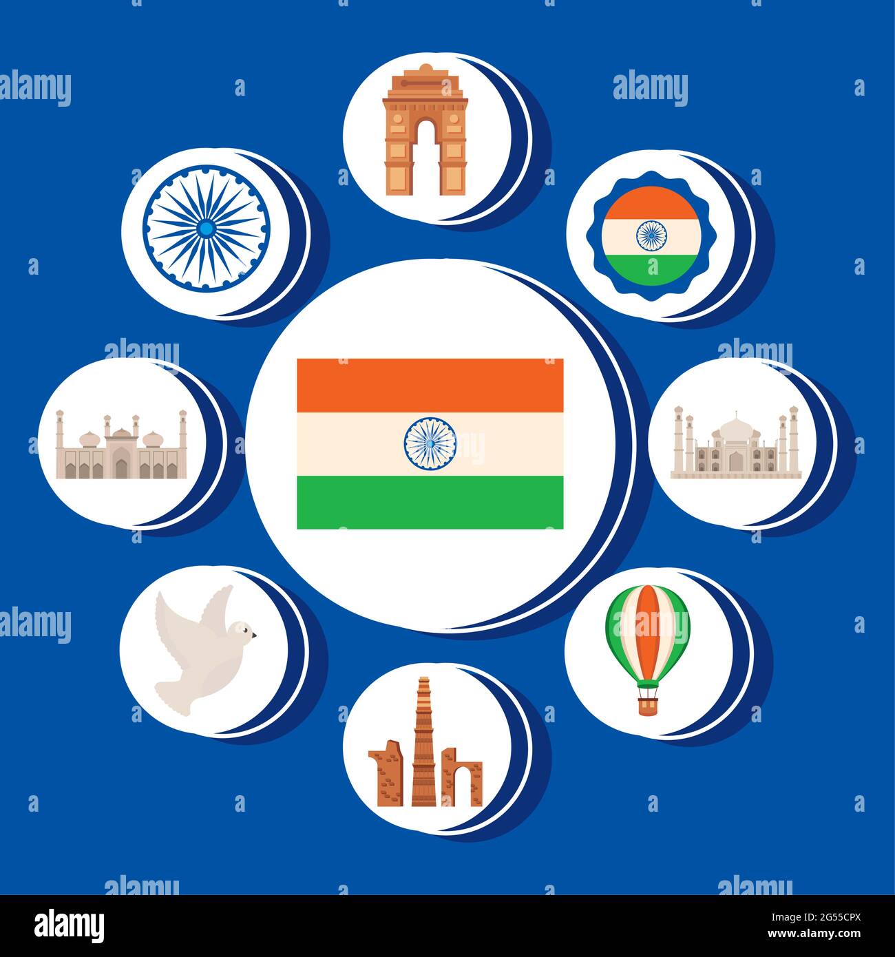 bandera con feliz día de la independencia de la india icono conjunto Ilustración del Vector
