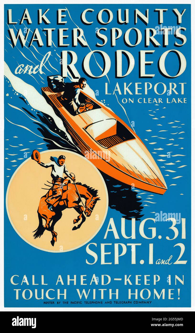 Lake County. Deportes acuáticos y Rodeo. Lakeport en Clear Lake. Artista desconocido. Póster vintage restaurado publicado en 1930s en los Estados Unidos. Foto de stock