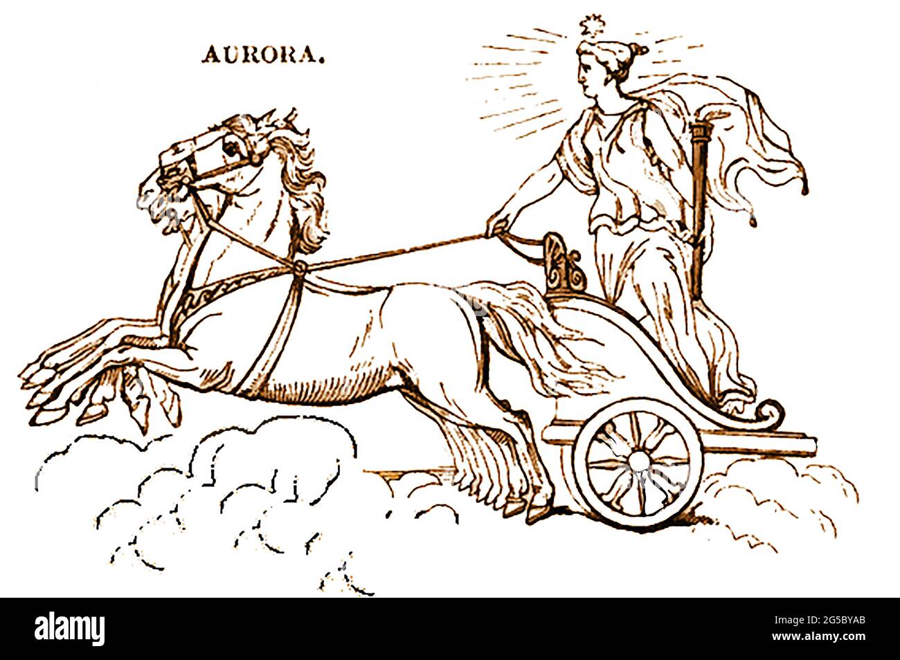 Una representación en 1839 de la figura mitológica Aurora la diosa del amanecer en la mitología griega y romana . Ella ha evolucionado del nombre de una diosa indoeuropea del amanecer anterior, Hausos. En la poesía griega, Aurōra era la madre de los Anemoi (Los Vientos), y la descendencia de Astraeus, el padre de las estrellas. Foto de stock