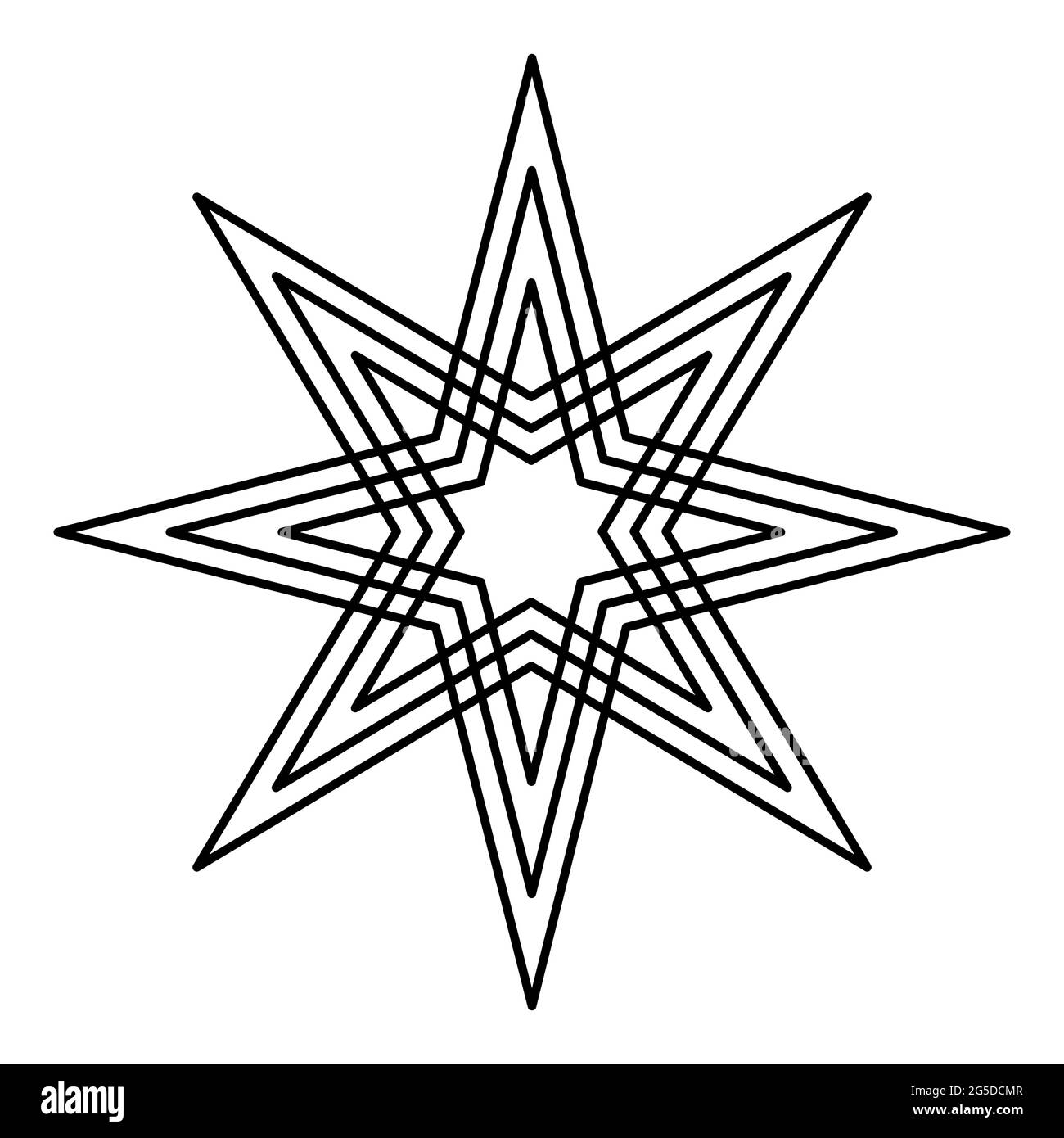 Estrella de ocho puntas con líneas de equidistancia. Dos estrellas de cuatro puntas, cada una con tres líneas, colocadas simétricas una sobre la otra. Octagrama. Foto de stock