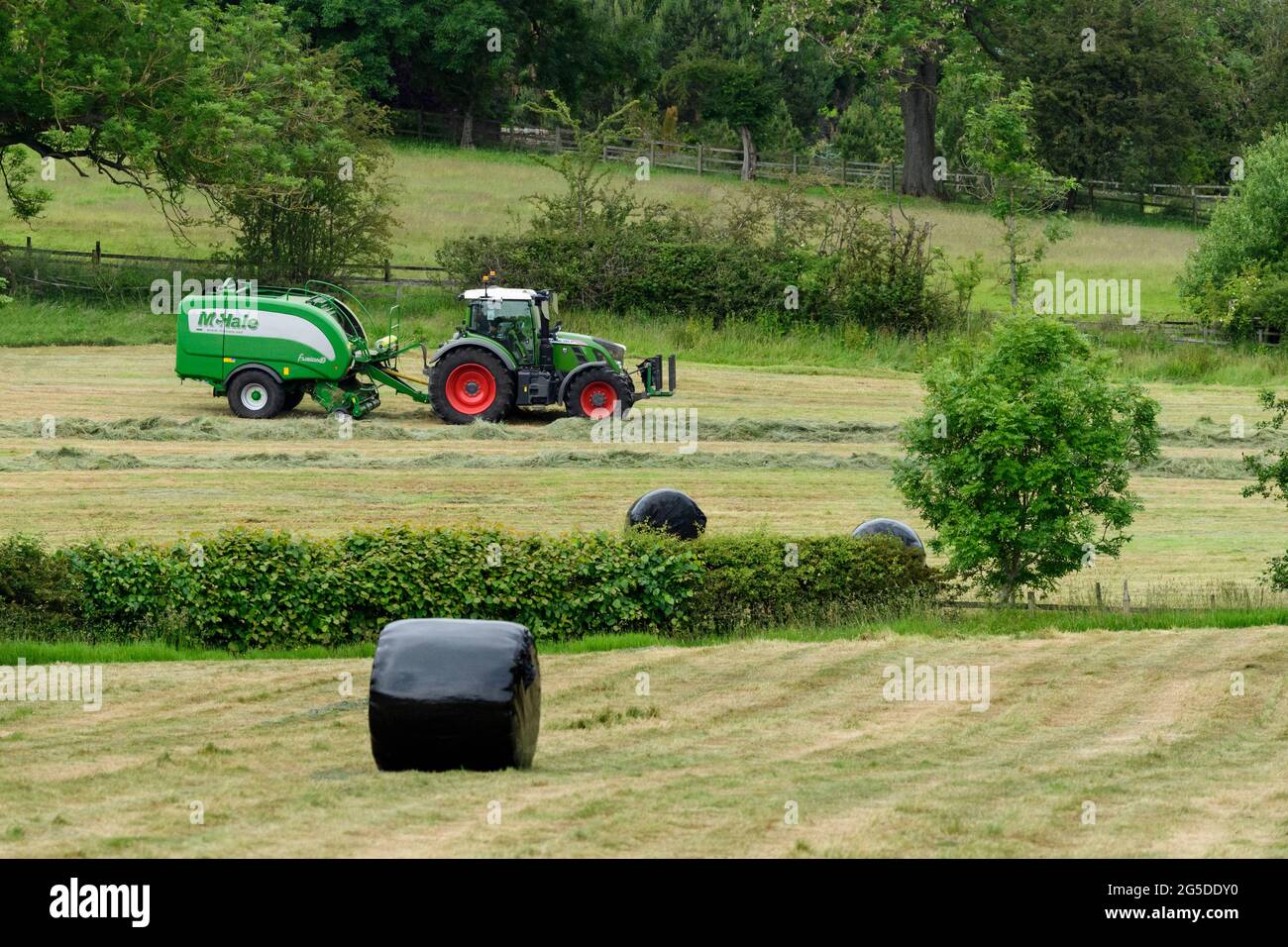 Fabricación de heno o ensilaje (agricultor en tractor agrícola en el trabajo en campo rural, empacadora de tiro, recolección de hierba seca y pacas redondas envueltas - Yorkshire England, Reino Unido. Foto de stock
