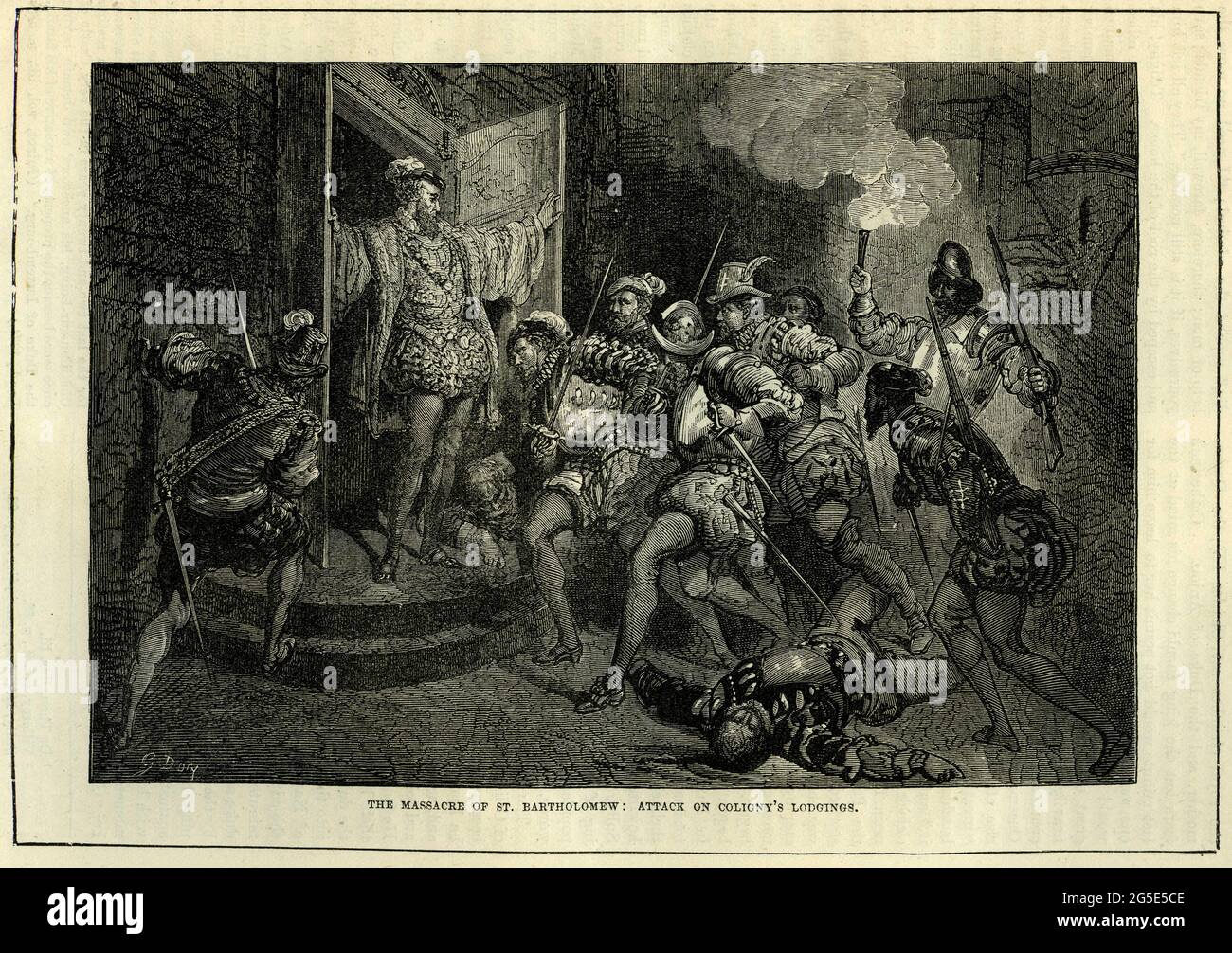 Grabado del Almirante Coligny frente a sus enemigos durante la masacre del Día de San Bartolomé, cuando los católicos se levantaron contra sus vecinos Hugeunot en Francia, y Coligny fue asesinado. Foto de stock
