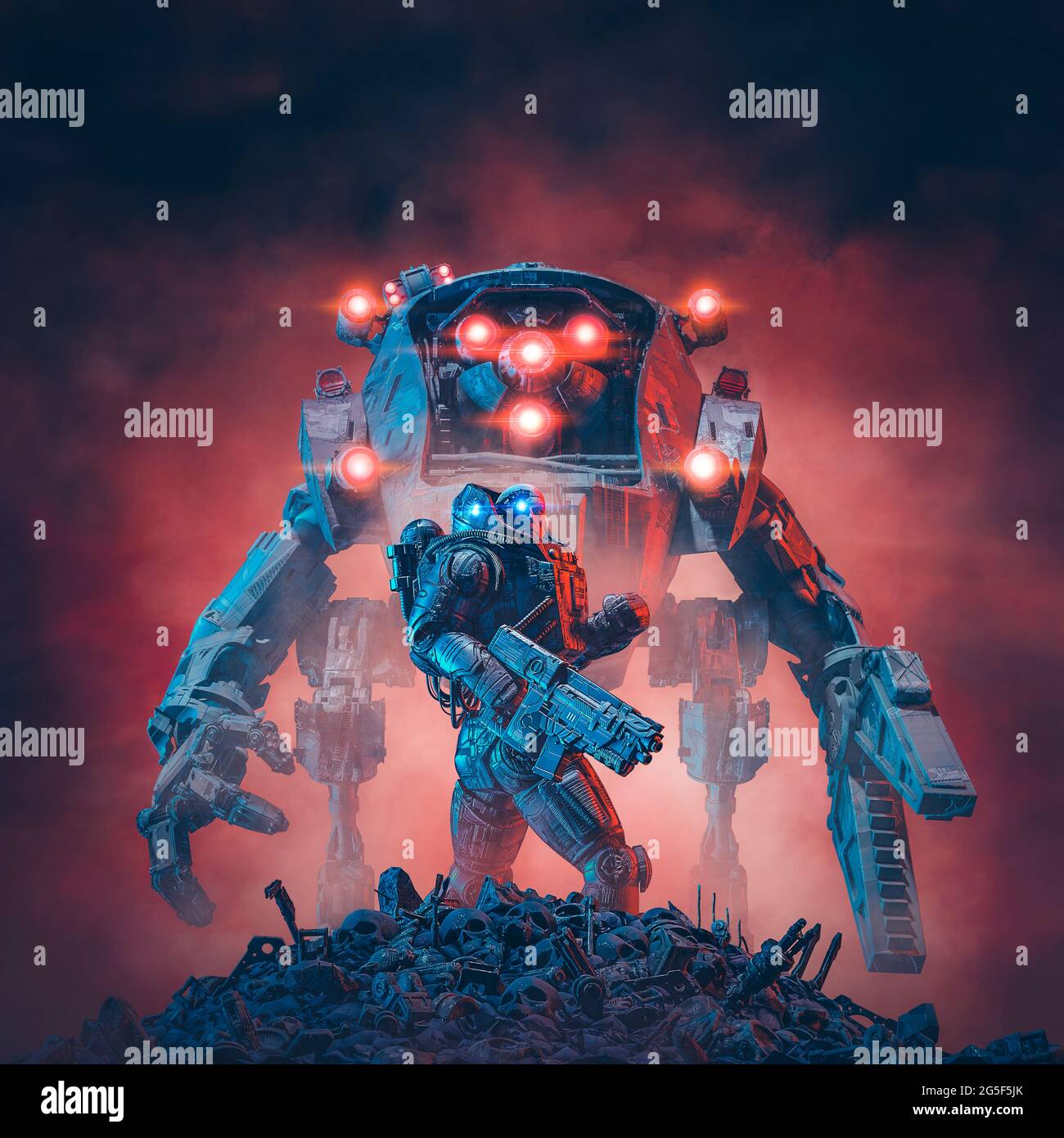 Robot mecánico soldado espacial / 3D ilustración del guerrero militar de  ciencia ficción y la meca robótica gigante de pie en el campo de batalla  con el cielo rojo ominoso b Fotografía