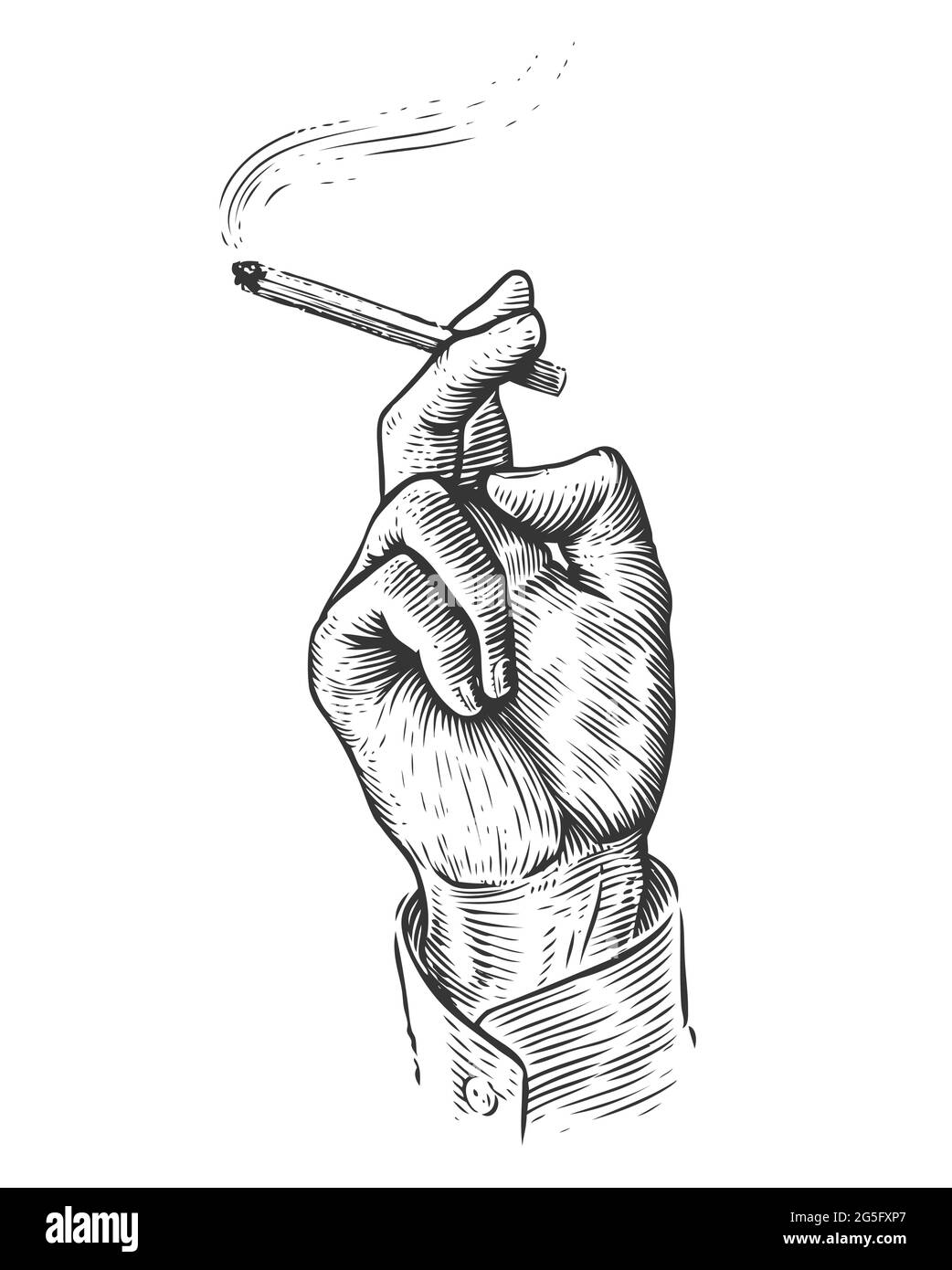 Mano sosteniendo un cigarrillo ardiendo. Fumar tabaco en estilo grabado vintage Ilustración del Vector