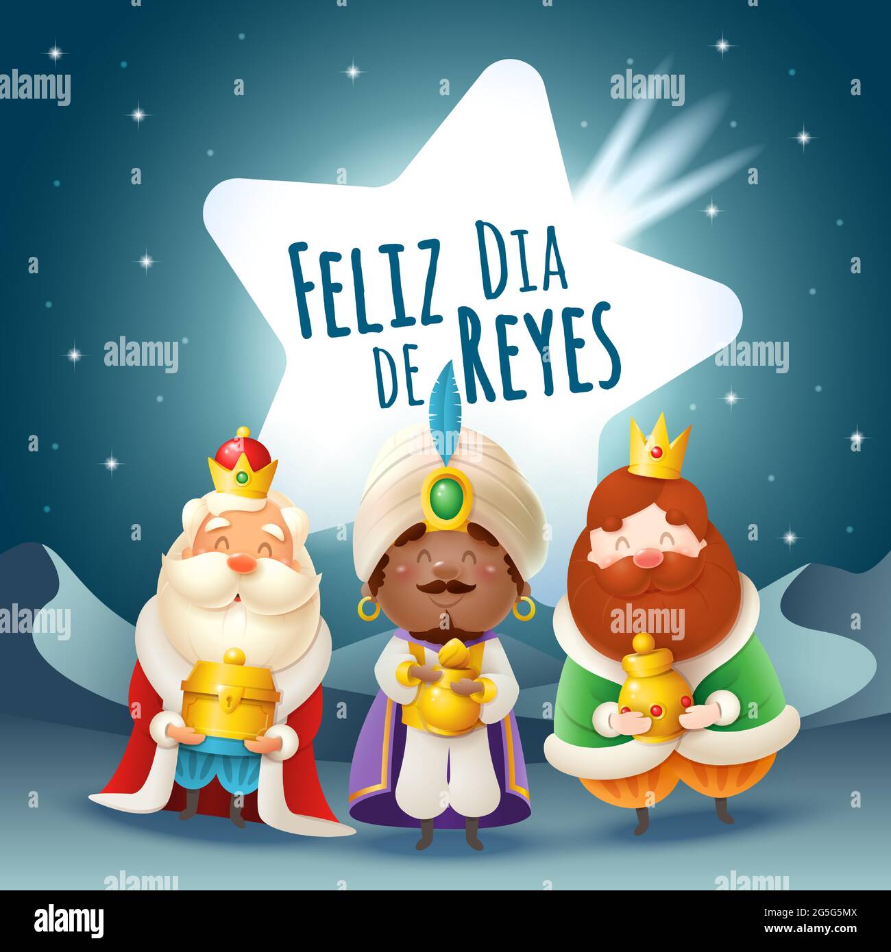 Tarjeta de felicitación Epifanía - Tres Reyes con cometa - desierto en  paisaje nocturno. Traducción: 'Feliz día de los Reyes' Imagen Vector de  stock - Alamy