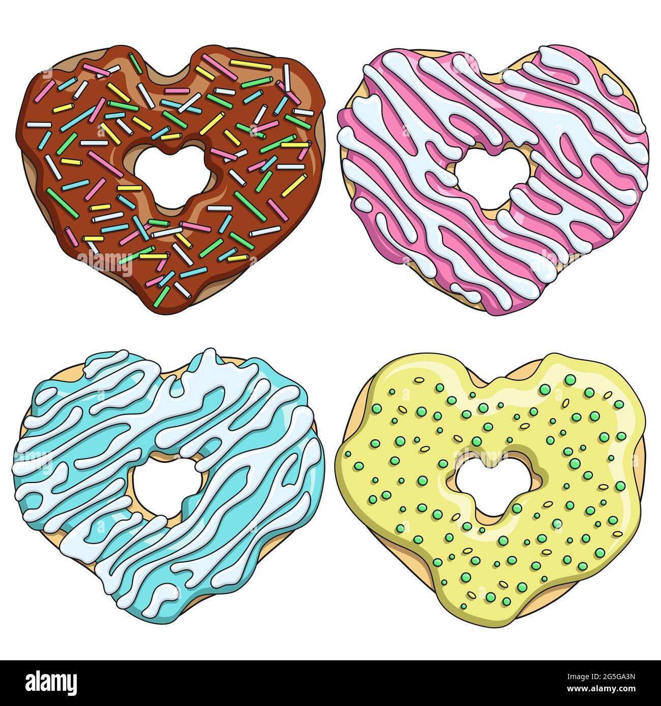 Conjunto de coloridos y sabrosos donuts en forma de corazón. Objetos vectoriales aislados sobre fondo blanco. Ilustración del Vector