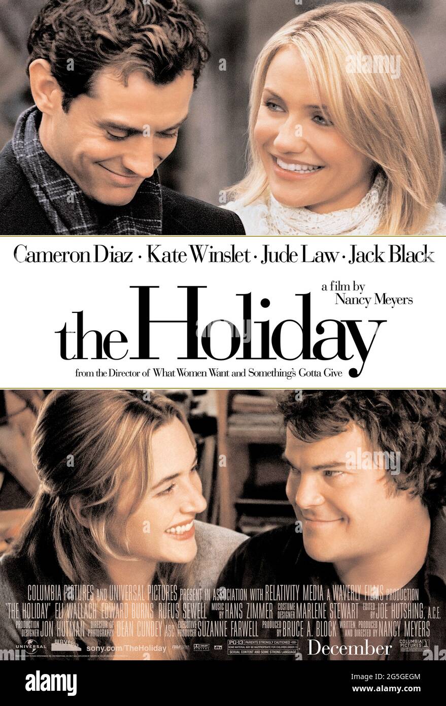 The Holiday (2006) dirigida por Nancy Meyers y protagonizada por Kate Winslet, Cameron Diaz, Jack Black y Jude Law. Dos mujeres preocupadas con problemas de tipo intercambian casas en los países de cada uno, donde cada uno se encuentra con un tipo local y se enamoran. Foto de stock