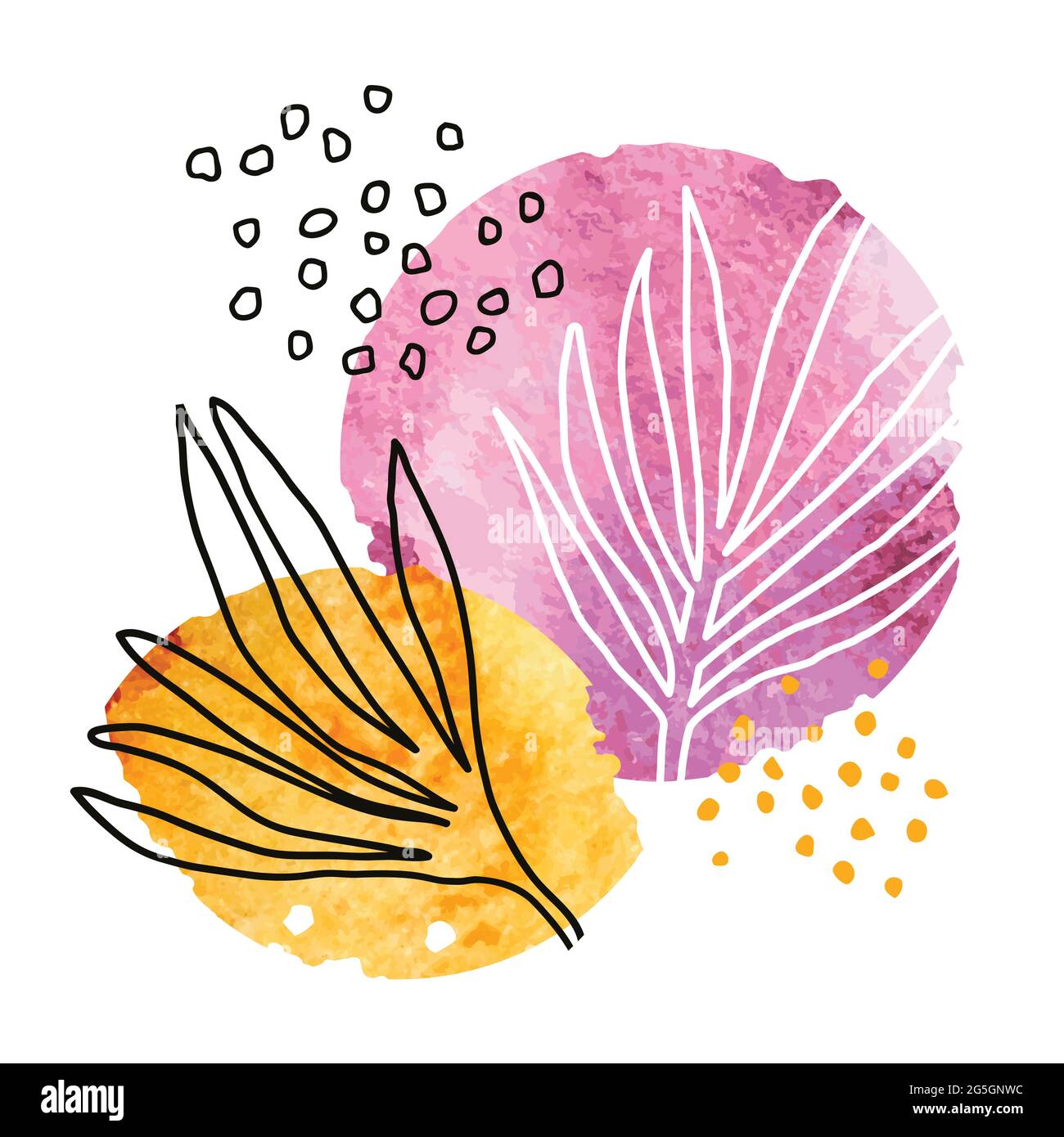 Fondo artístico abstracto con manchas de acuarela y hojas tropicales dibujadas a mano. Arte minimalista creativo para decoración de paredes, postales o folletos c Ilustración del Vector