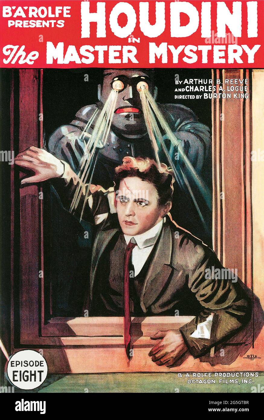Harry Houdini, 1919 cartel de la película – El Misterio Maestro es una película de serie silenciosa del misterio americano de 1918-1919 contada en 15 entregas. Foto de stock