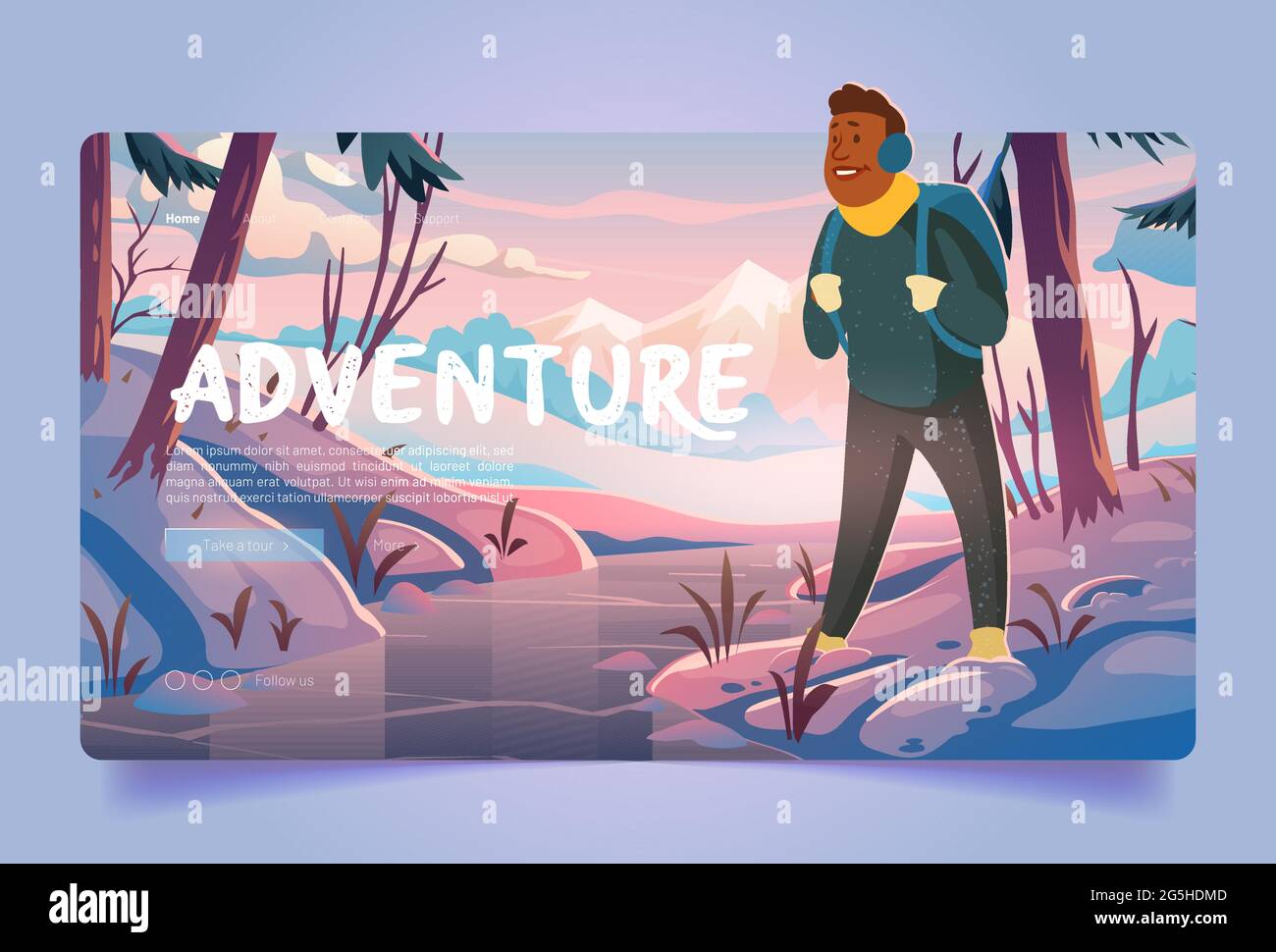 Aventura, viaje viaje página de aterrizaje de dibujos animados, viajero en  el bosque de invierno con vistas a las montañas. Turista con mochila en  madera rocosa paisaje nevado mirando a la cala