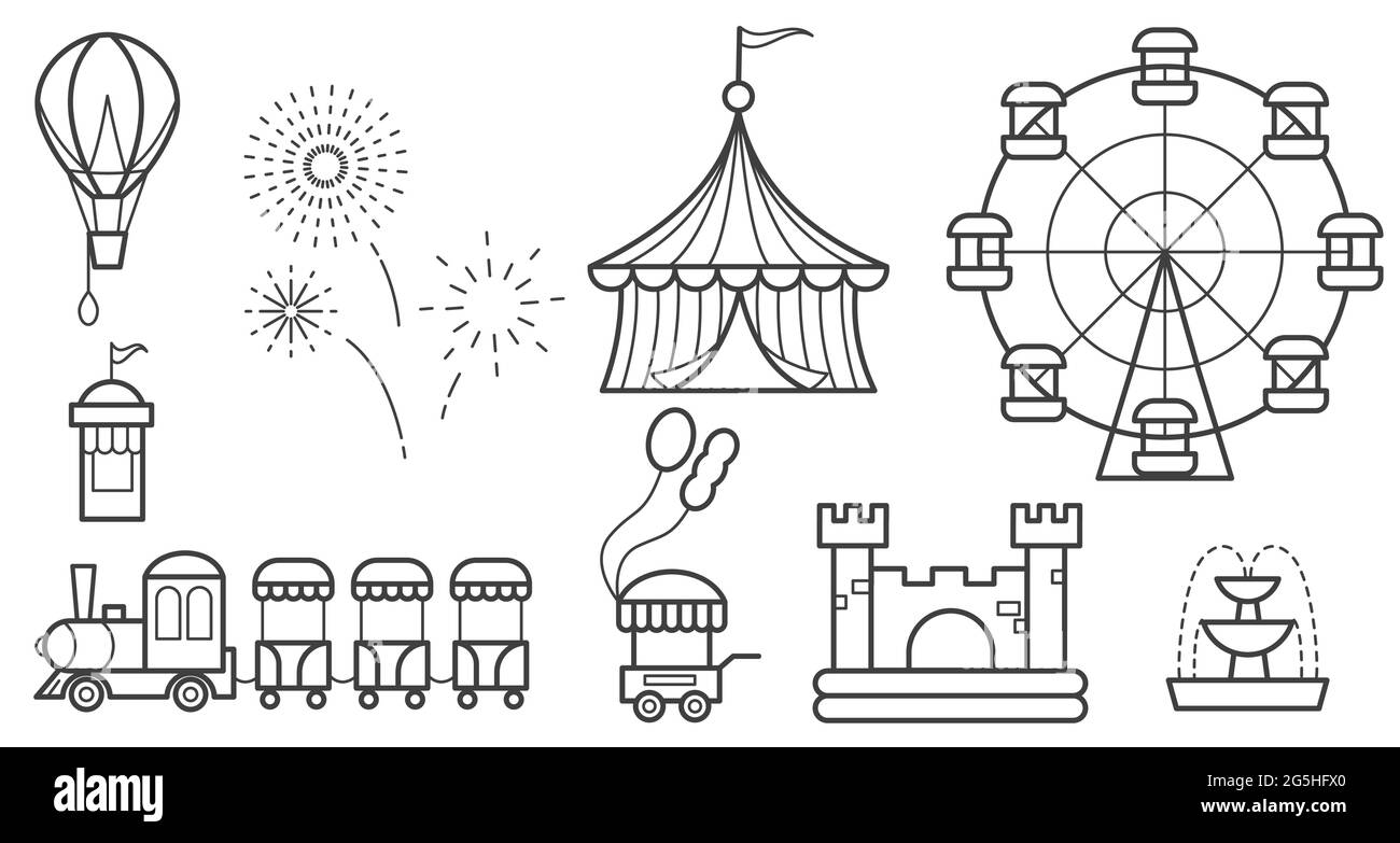 Conjunto de iconos de contorno del parque de atracciones. Noria, circo, paseos, globo, castillo hinchable, tren, fuegos artificiales, carrito de compras de la fuente. Los objetos de línea vectorial son Ilustración del Vector