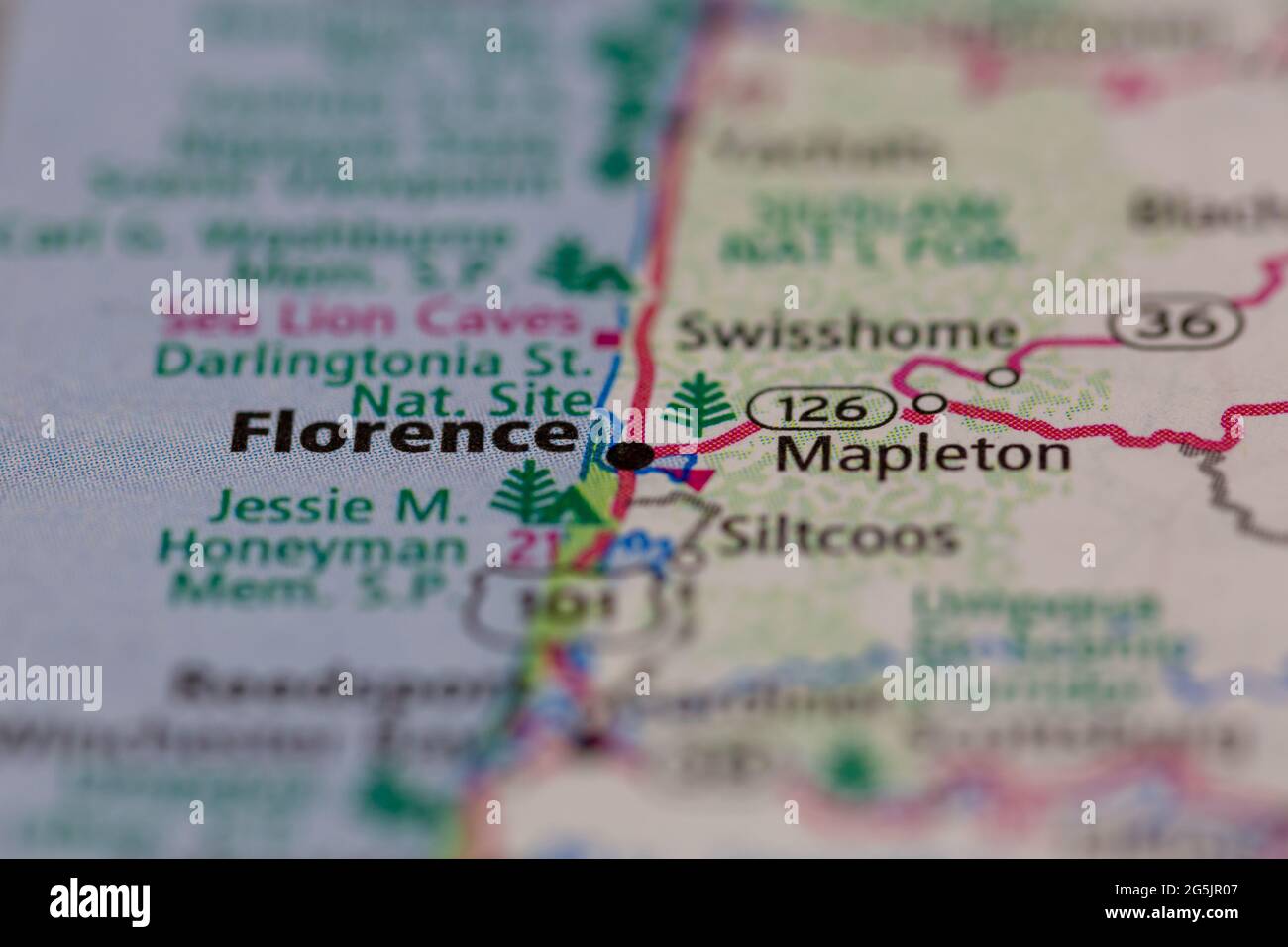 Florence Oregon USA se muestra en un mapa geográfico o mapa de carreteras Foto de stock