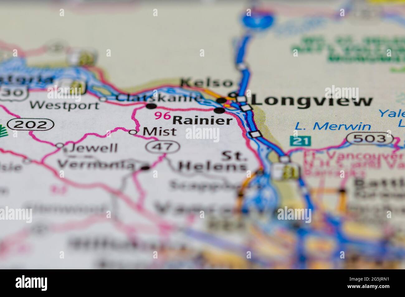 Rainier Oregon USA aparece en un mapa geográfico o mapa de carreteras