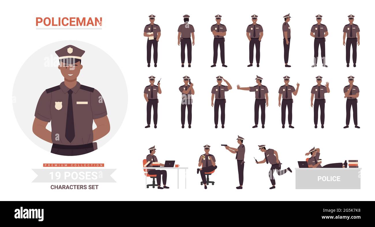 El policía negro afroamericano presenta un conjunto de ilustraciones  vectoriales. Personaje oficial de policía de dibujos animados que trabaja  en la oficina o calle, persona de guardia de policía que lleva uniforme