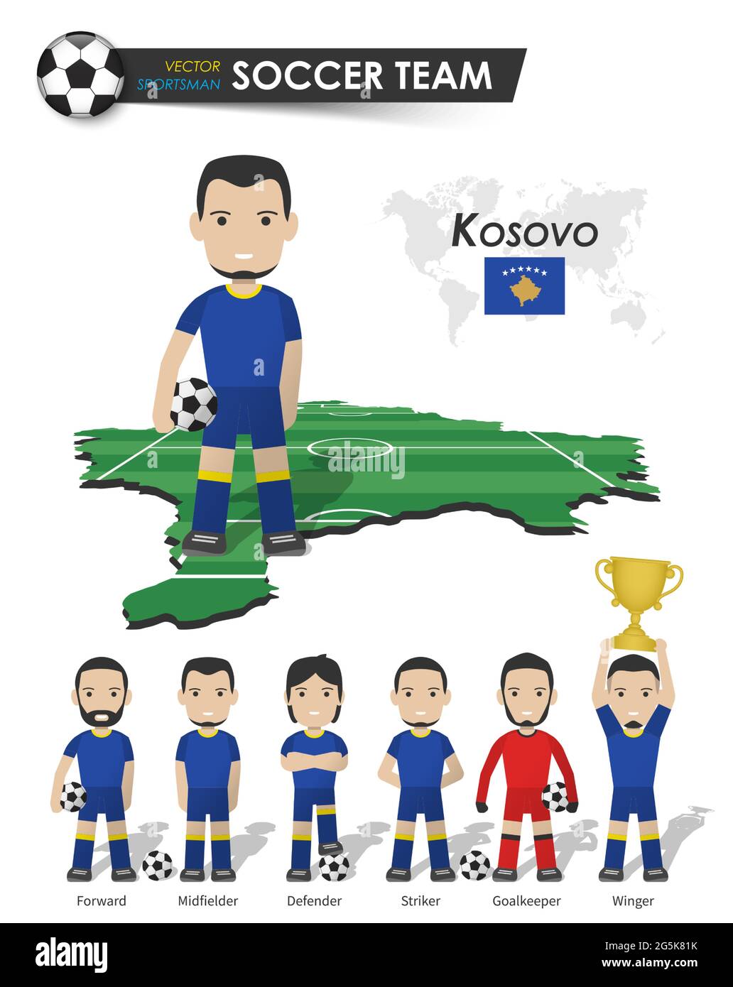 Equipo nacional de Copa de fútbol de Kosovo . Jugador de fútbol con punto de apoyo deportivo en el mapa del país del campo de perspectiva y el mapa del mundo . Juego de posición del futbolista Ilustración del Vector