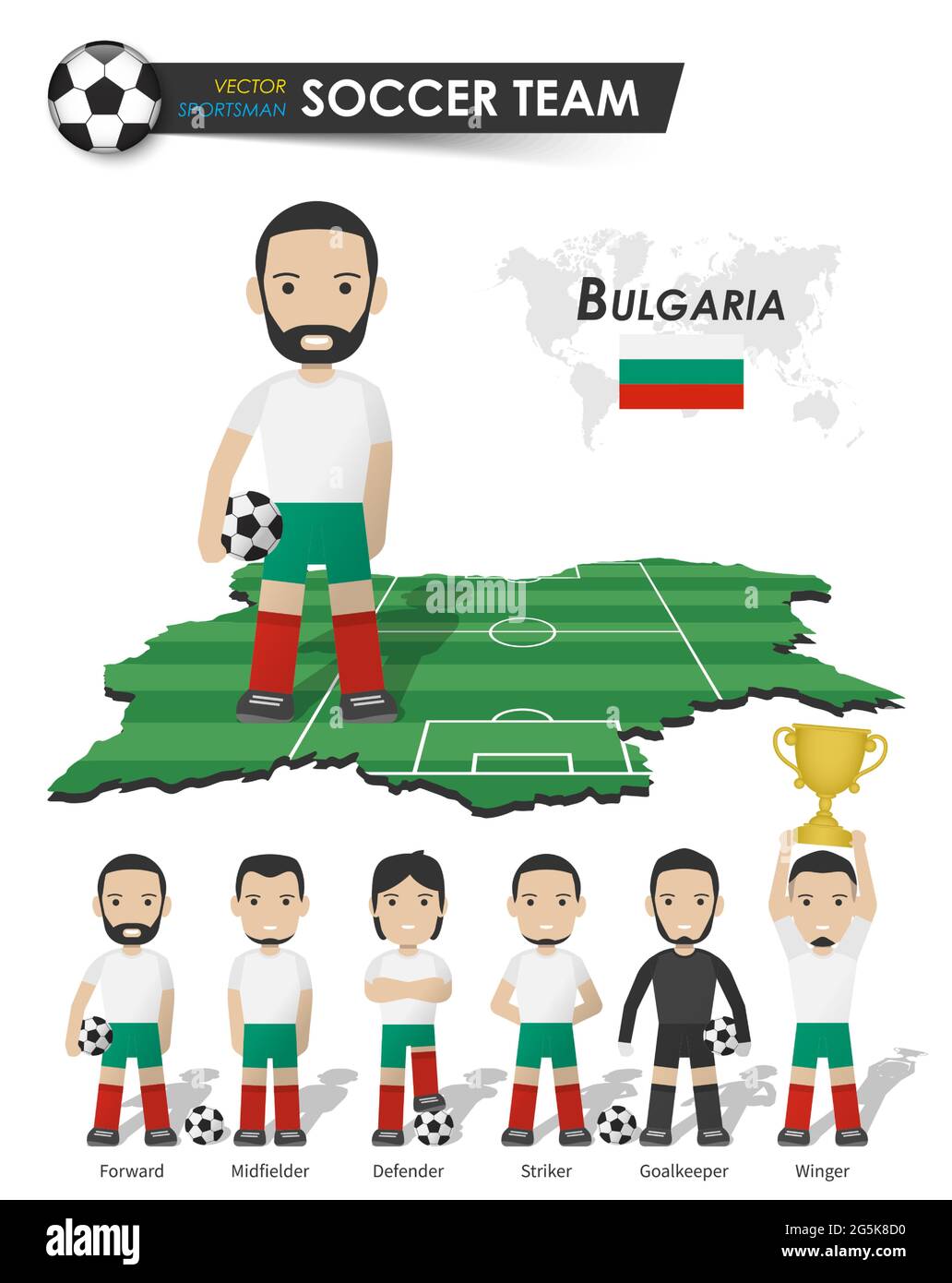 Equipo nacional de fútbol de Bulgaria . Jugador de fútbol con punto de apoyo deportivo en el mapa del país del campo de perspectiva y el mapa del mundo . Juego de positi del futbolista Ilustración del Vector